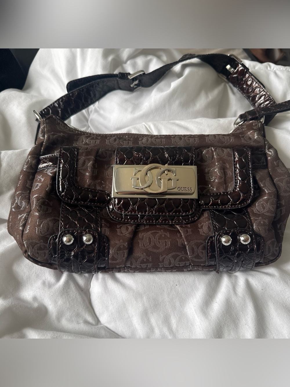 GUESS Brown Logo Shoulder Bag with Gold-Tone Logo Plate